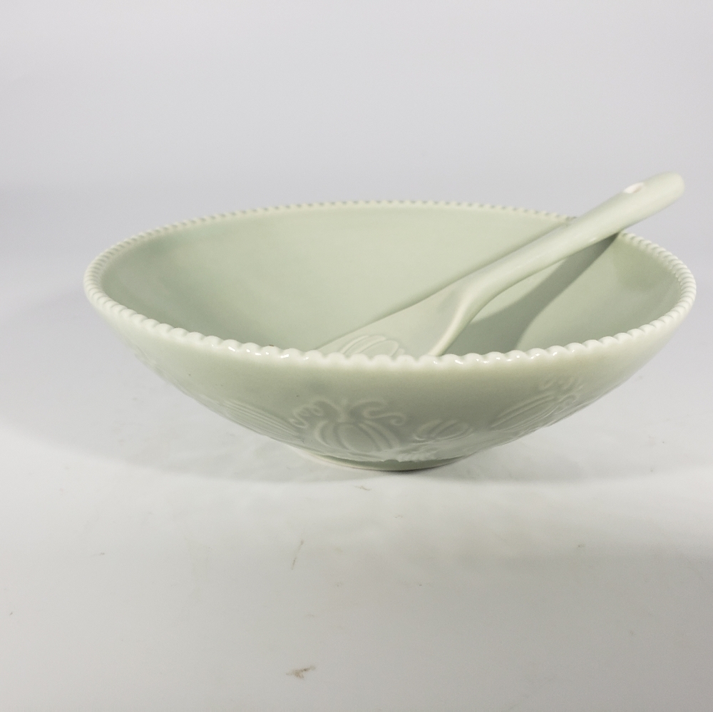 Strawberry Street Artisan Celadon small bowl with ceramic Utensil